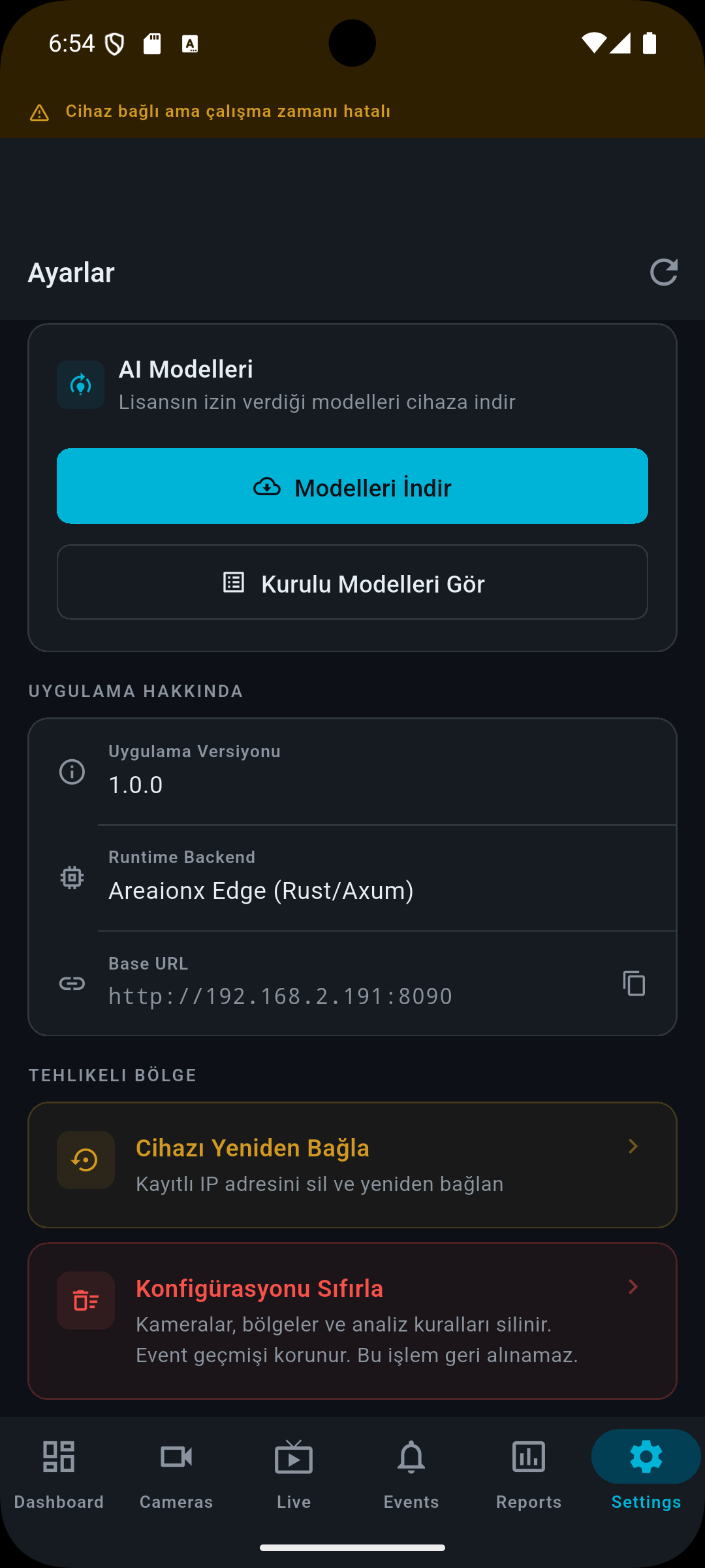 Areaionx edge device settings screen, additional options