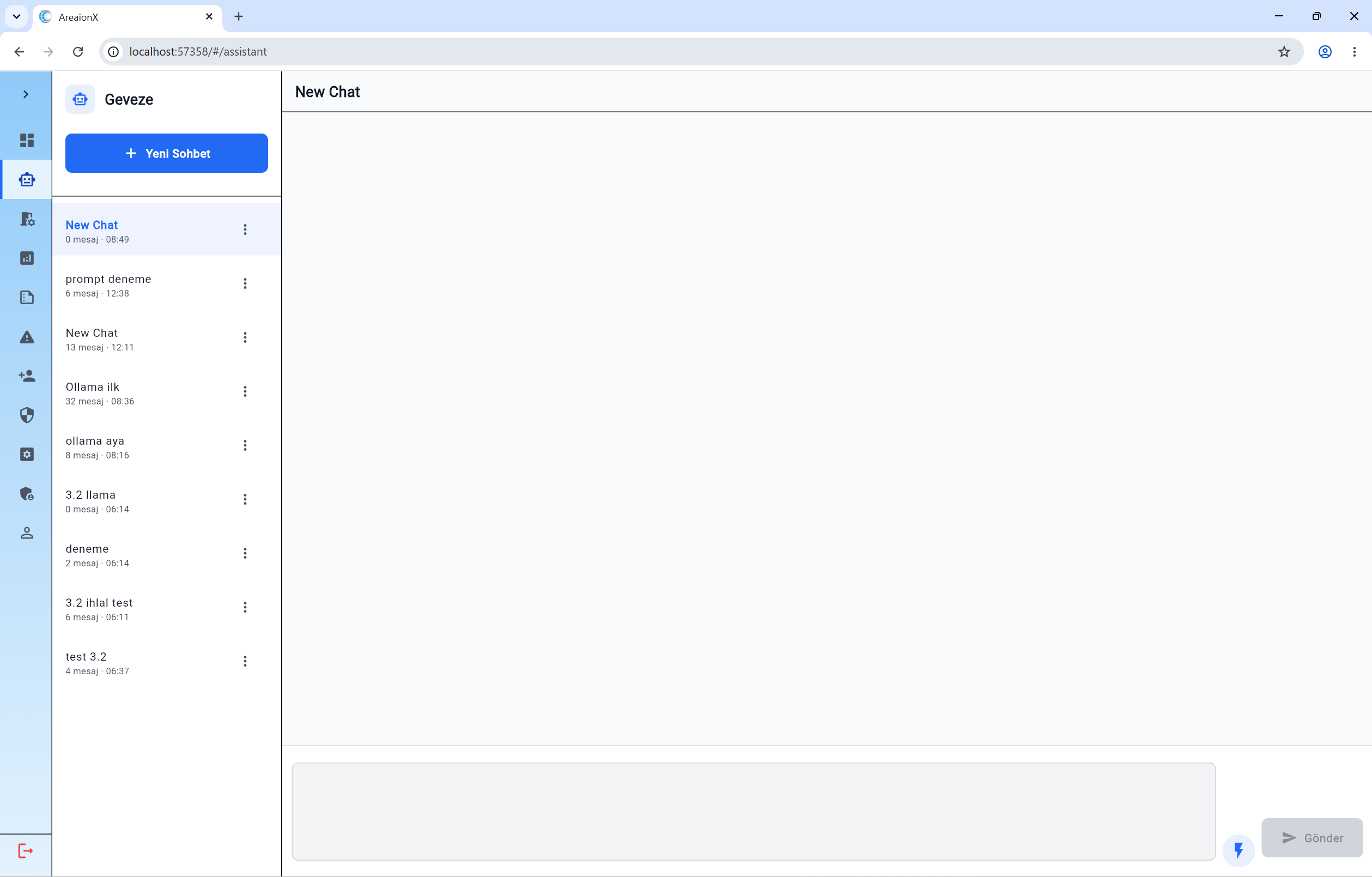 Areaionx AI chat assistant ('Geveze') interface