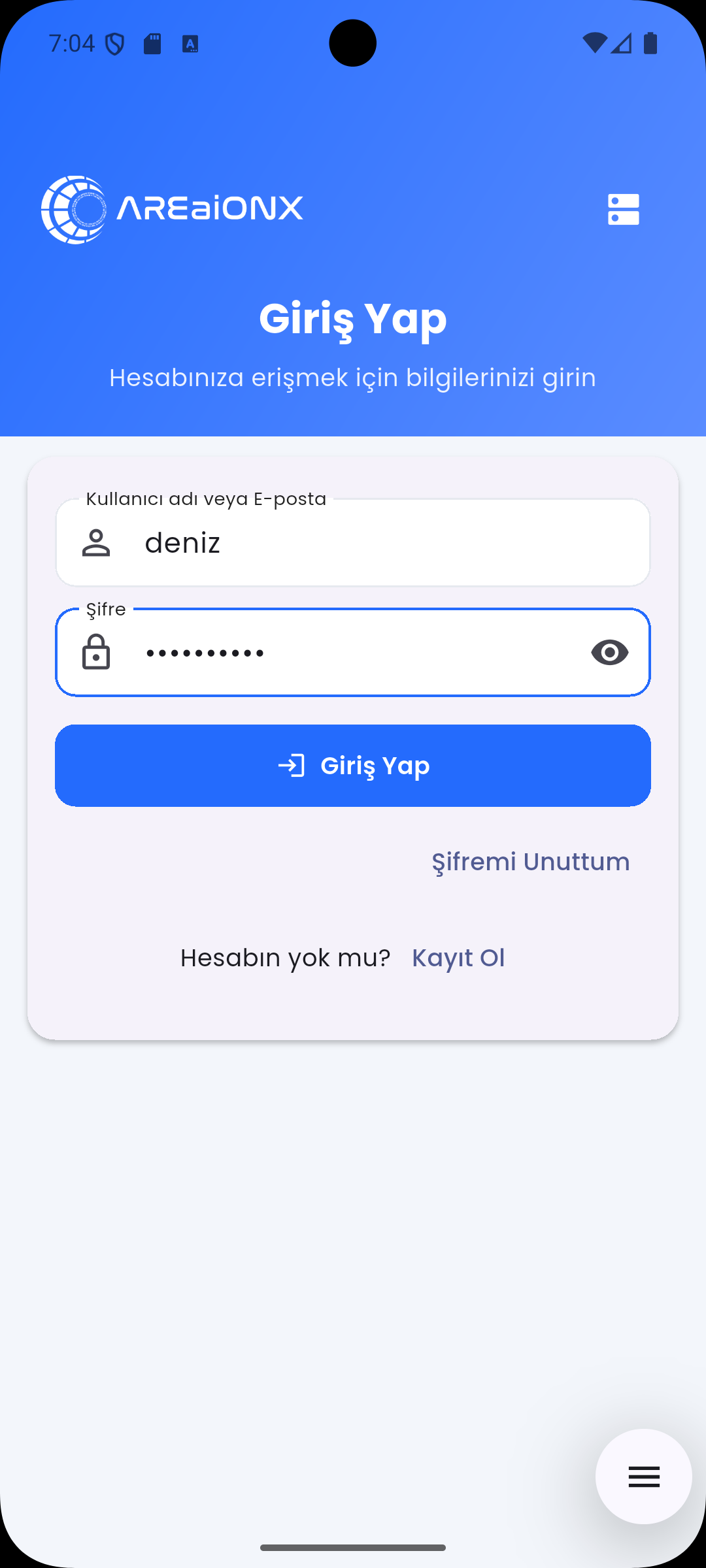 Areaionx mobile app login screen