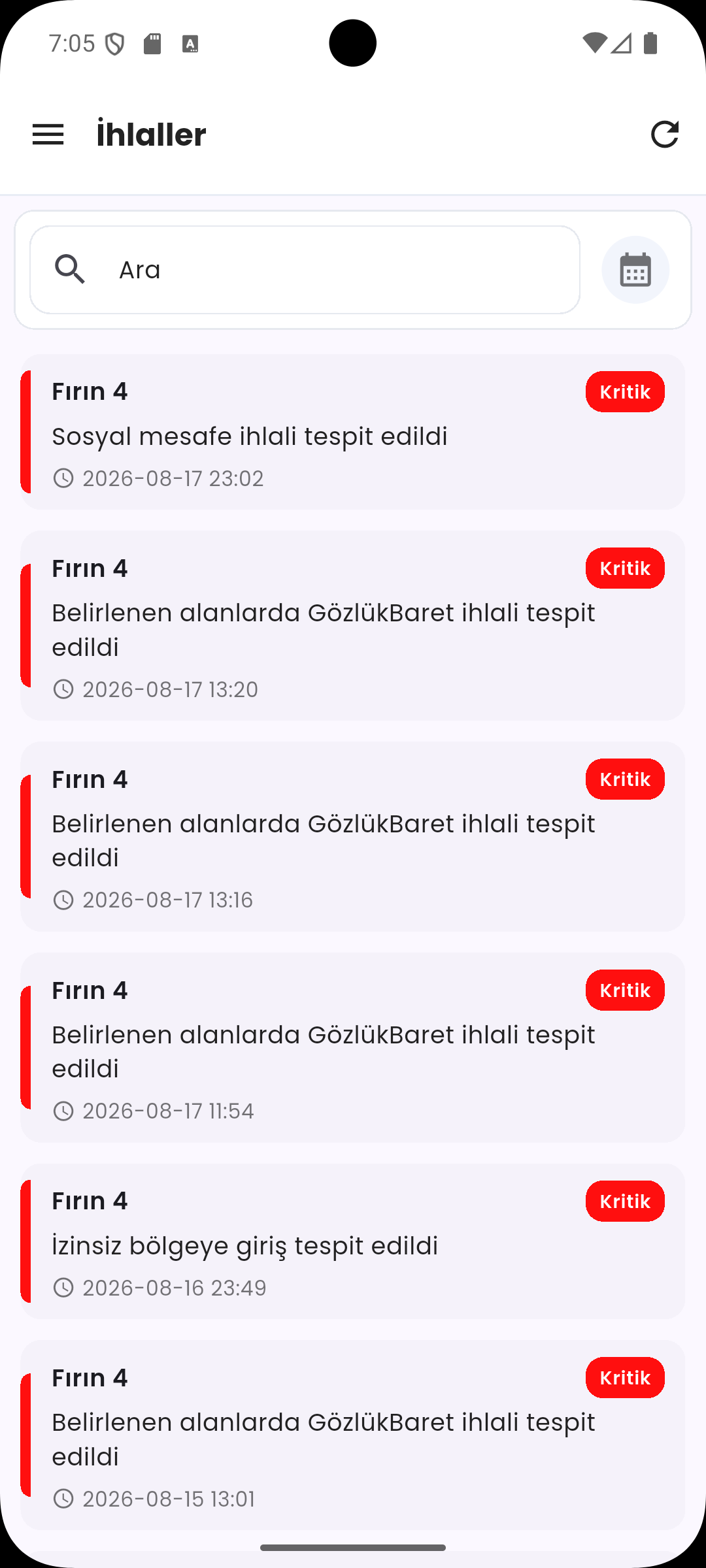 Areaionx mobile app violations list screen