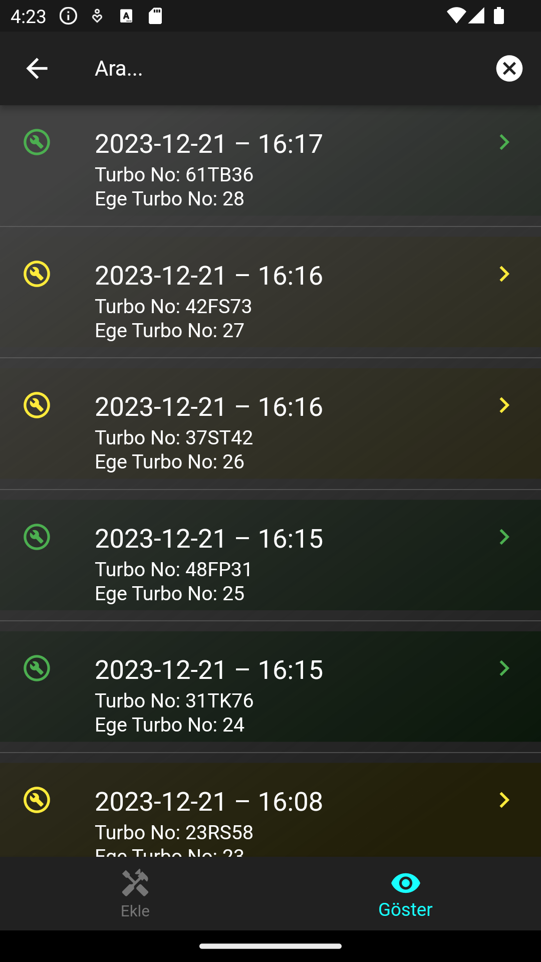 Atölye technical repair tracking screen