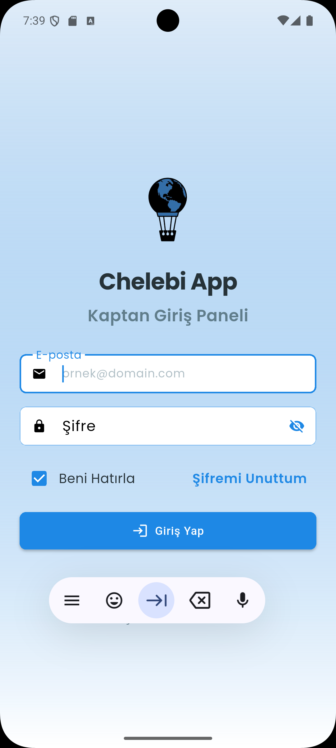 Chelebi app login screen