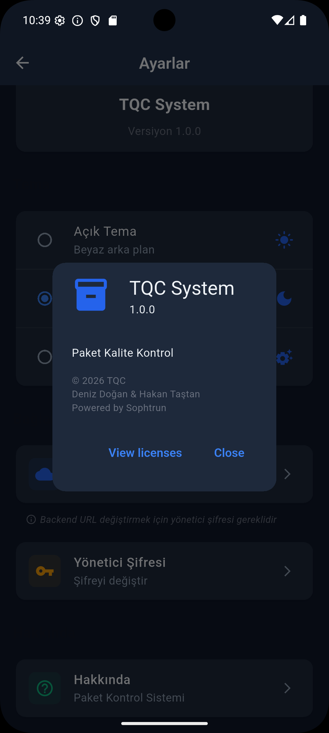 TQC Android app licenses screen, dark theme