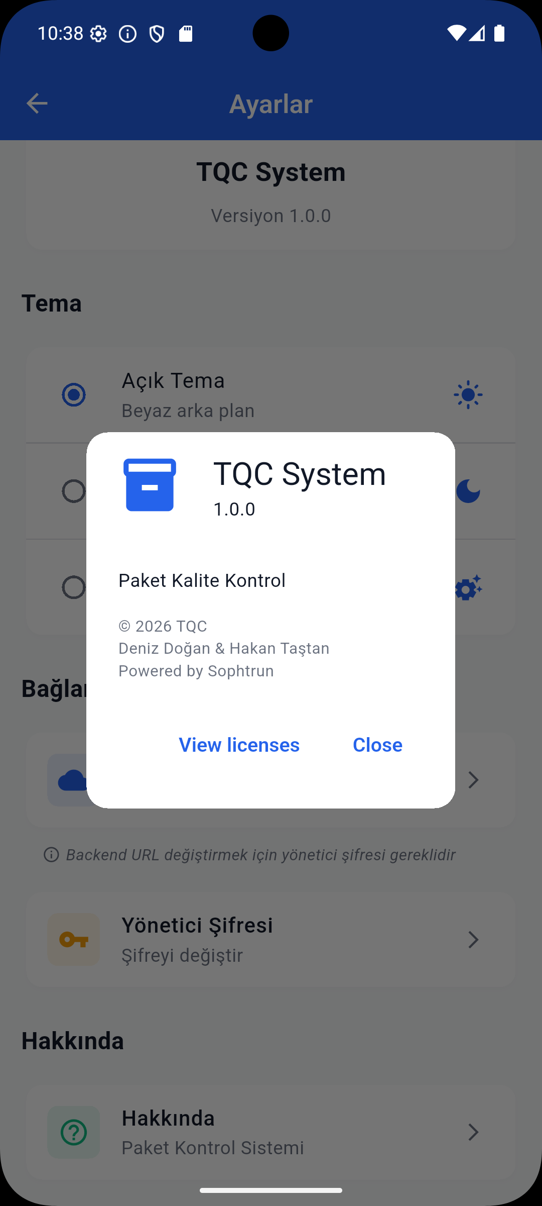 TQC Android app licenses screen, light theme