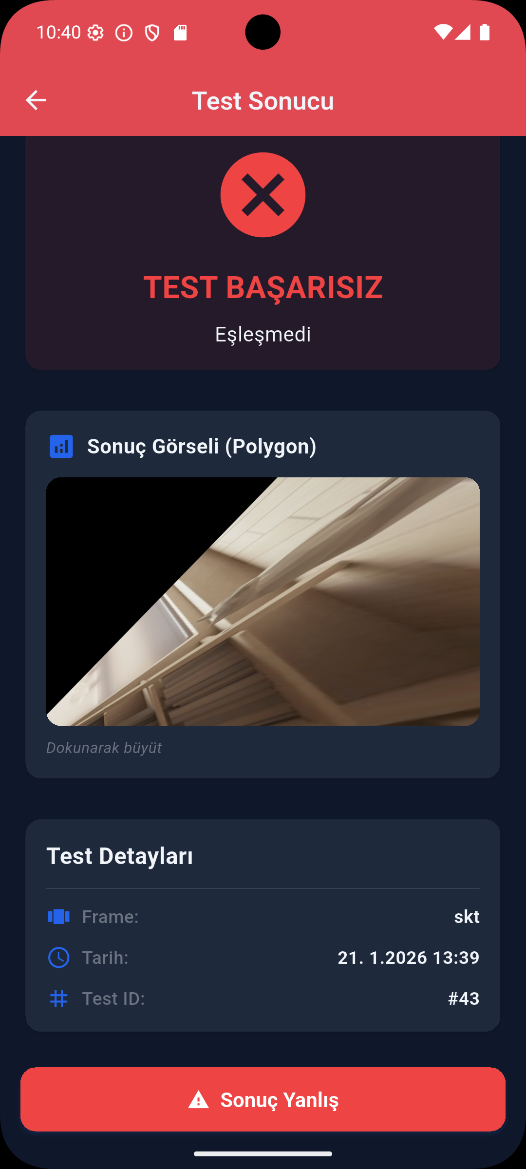 TQC Android app test result screen, dark theme