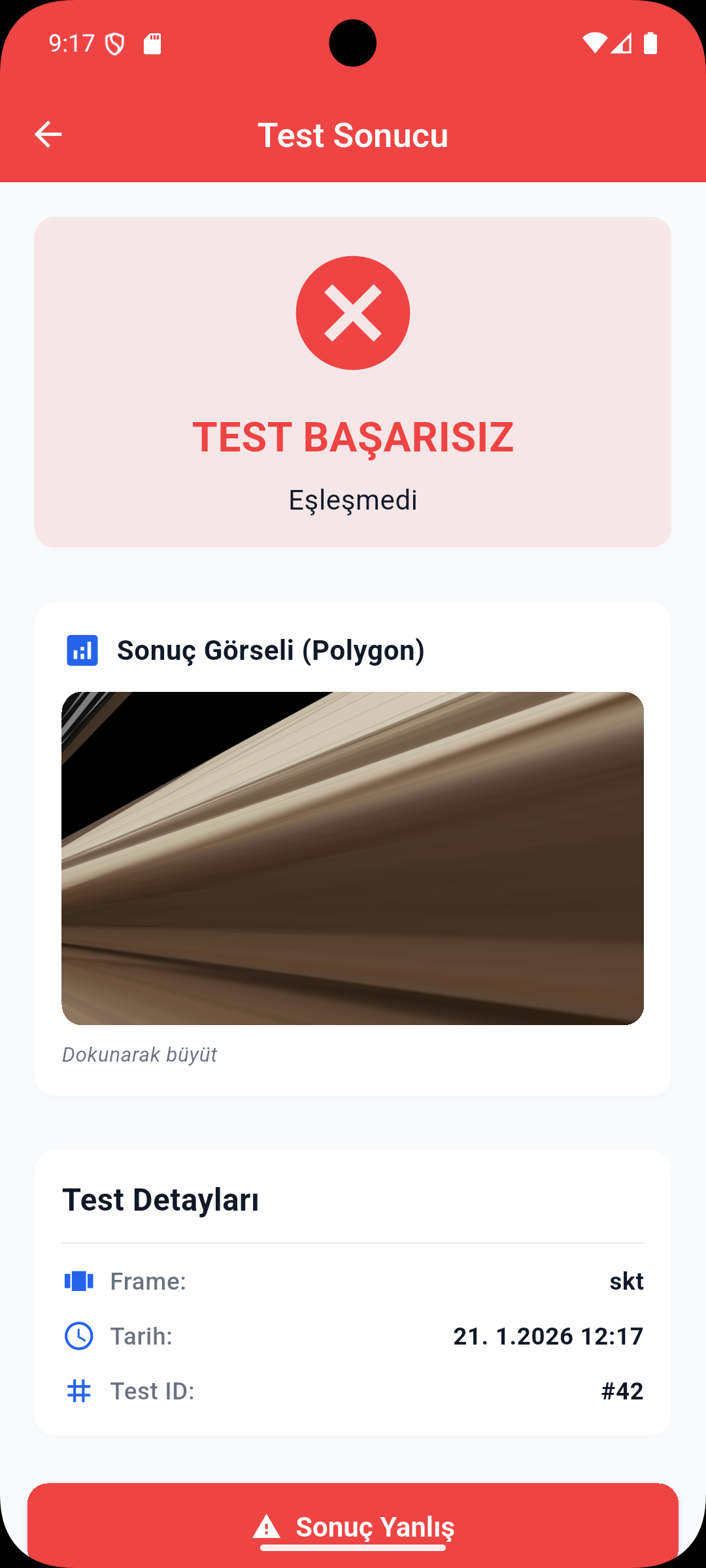 TQC Android app test result screen, light theme