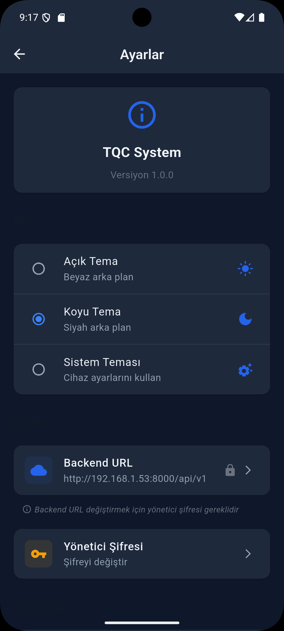 TQC Android app settings screen, dark theme