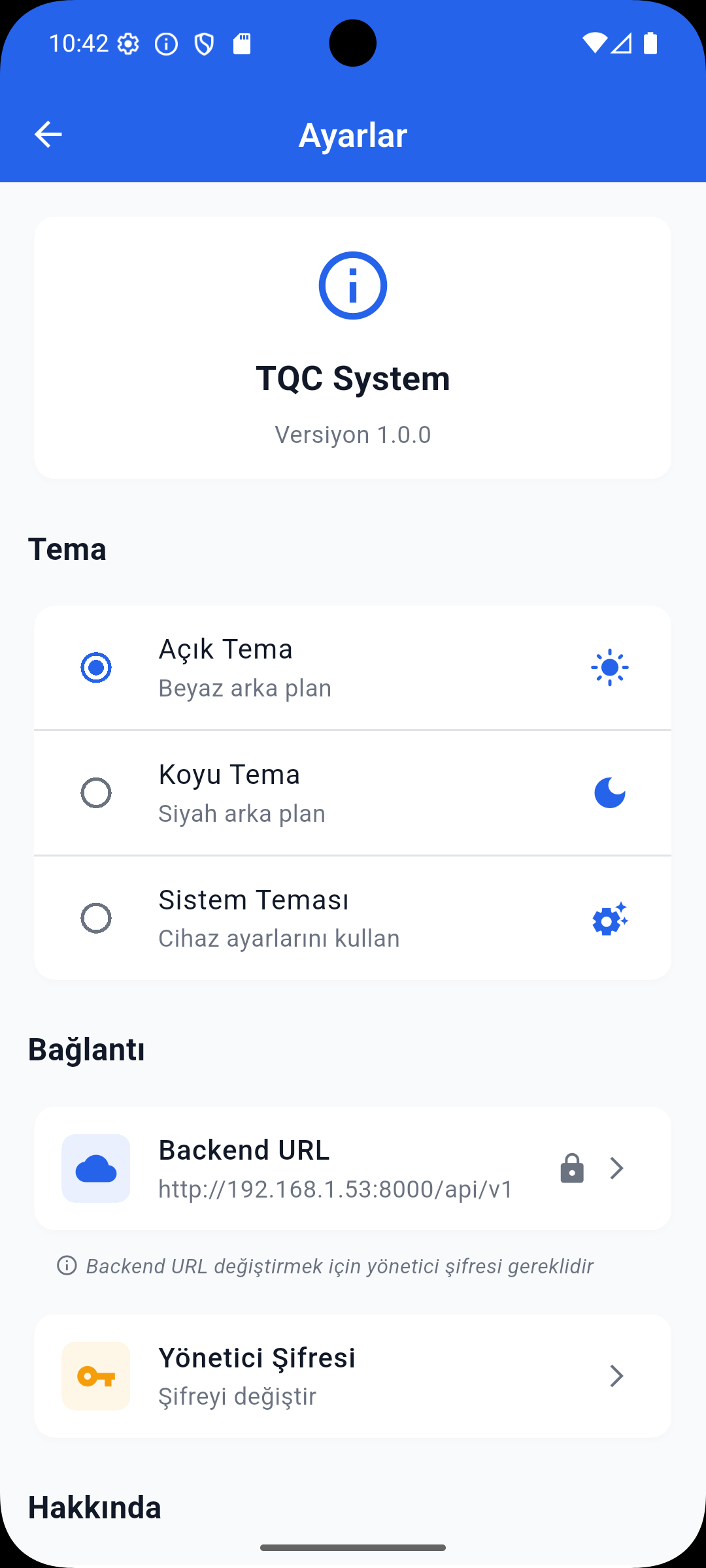TQC Android app settings screen, light theme