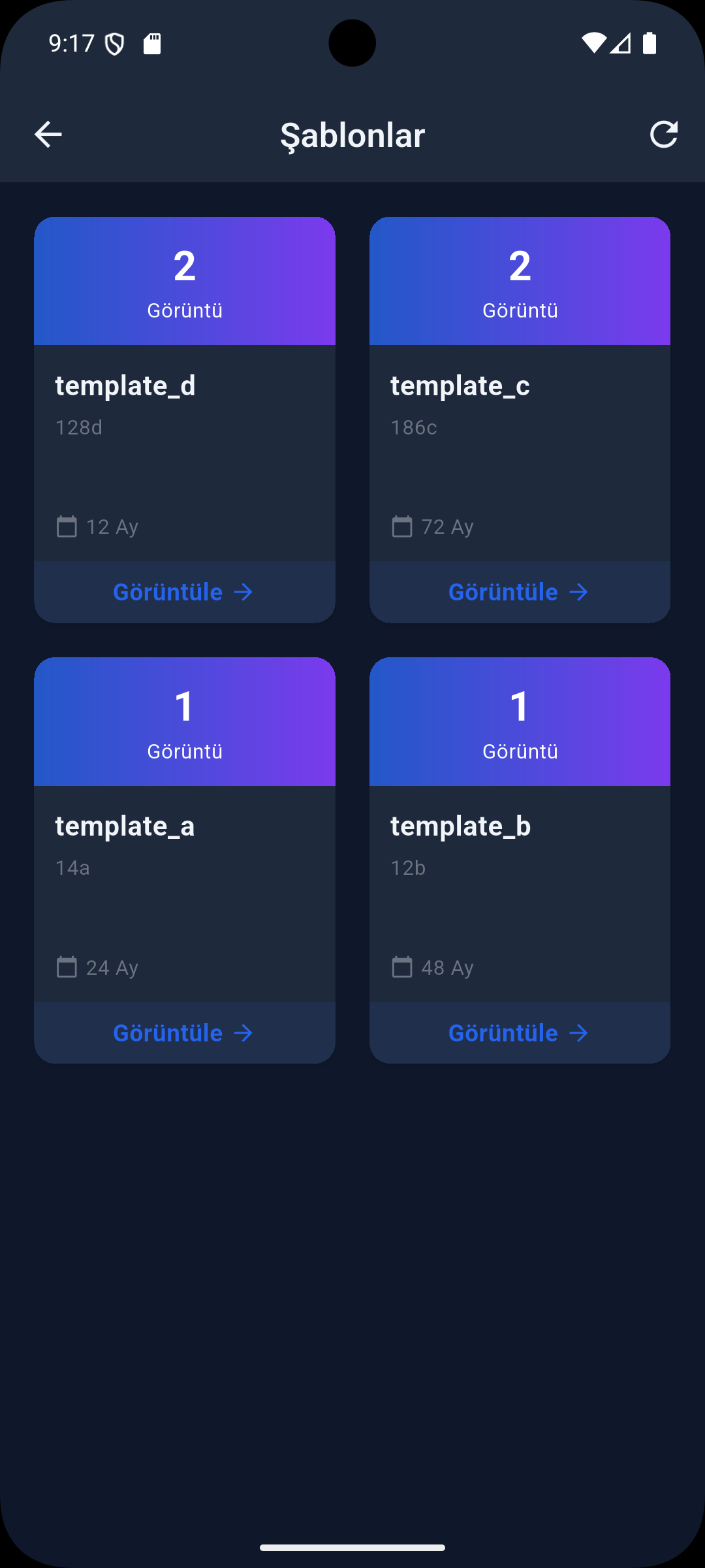 TQC Android app template list screen, dark theme