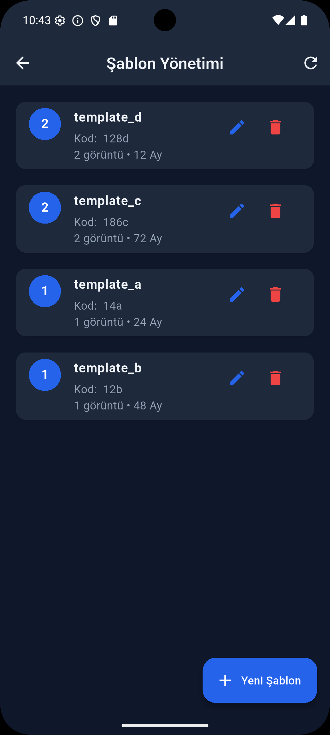 TQC Android app templates screen, dark theme
