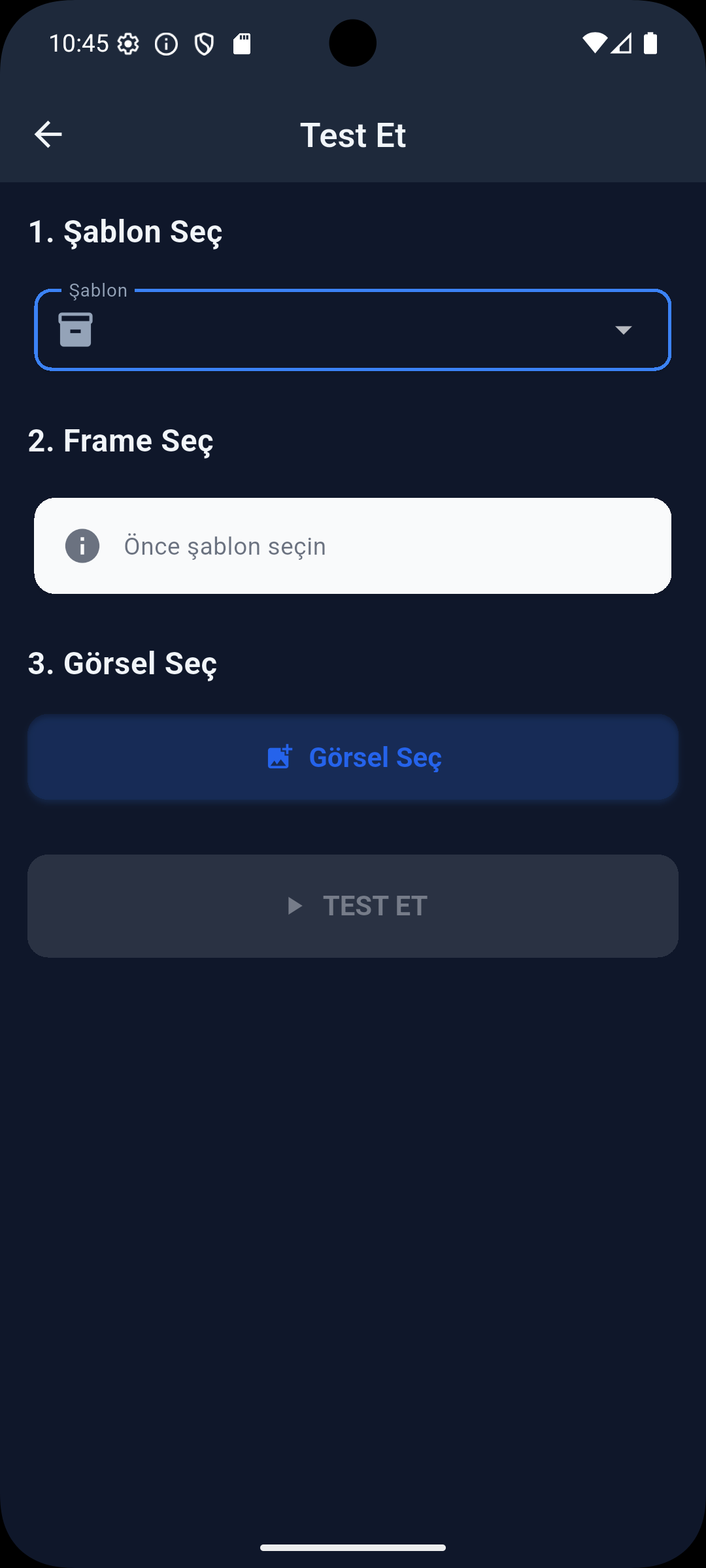 TQC Android app test flow, step 1, dark theme